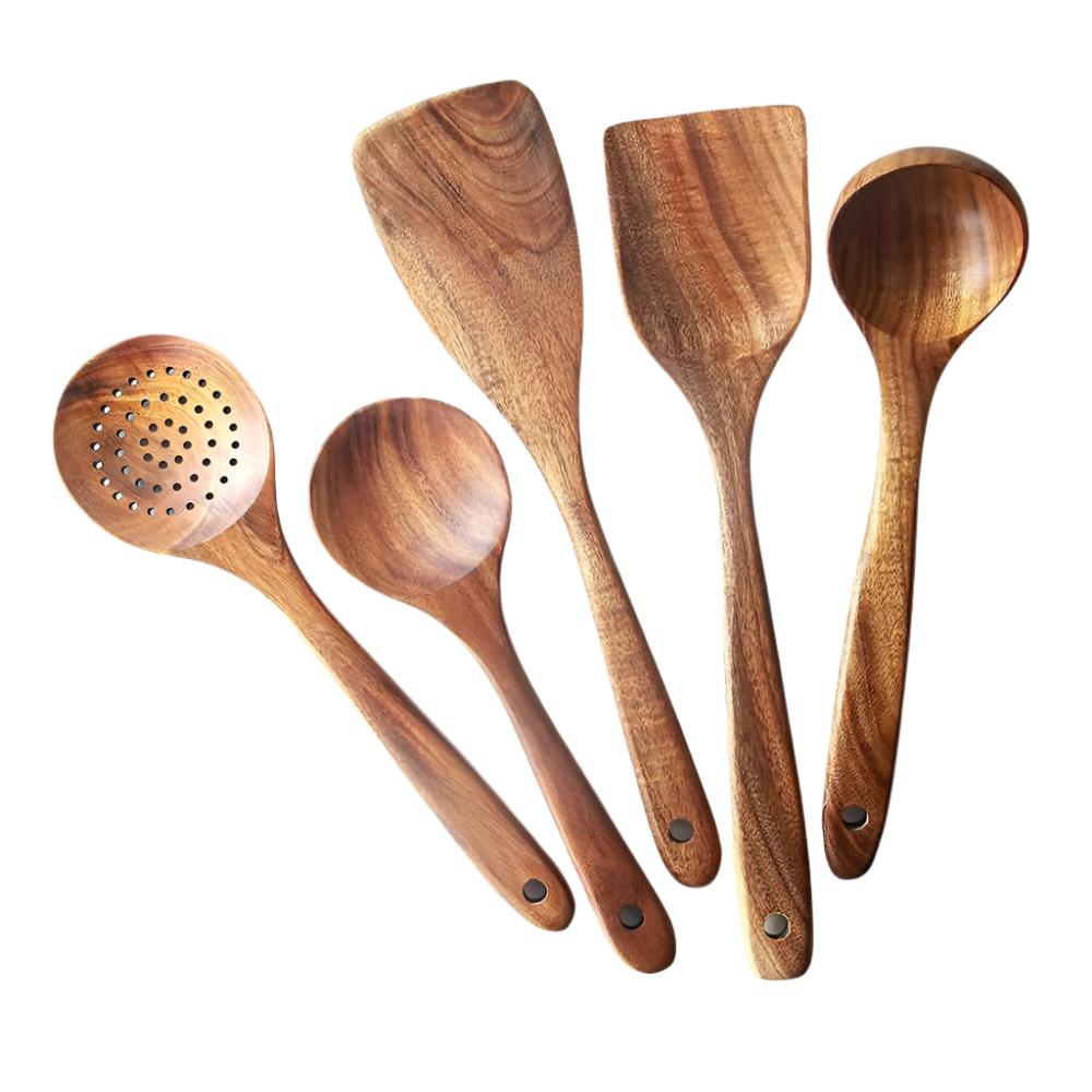 Wooden cooking utensil set for home chefs, perfect for fruit and vegetables: Includes a ladle, spatula, small soup spoon, and other essential tools" 