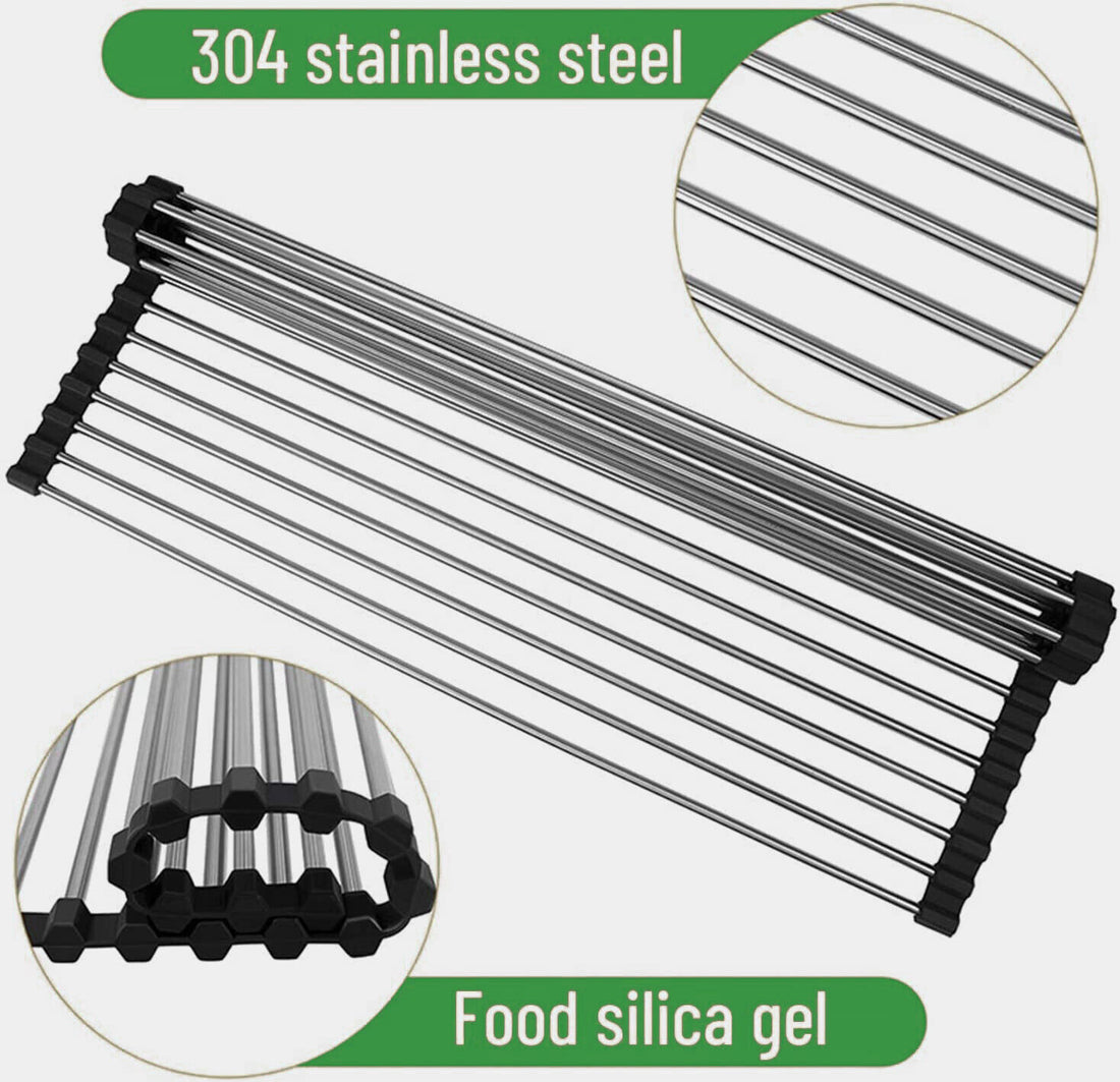 Kitchen Stainless Steel Sink Drain Rack Roll Up Dish Drying Drainer Mat and Additional Counterspace