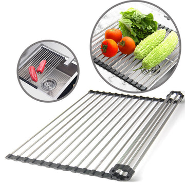 Kitchen Stainless Steel Sink Drain Rack Roll Up Dish Drying Drainer Mat and Additional Counterspace